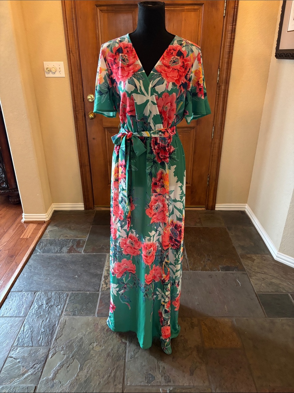 Lulu's Teal Green Maxi Dress with Coral Floral Print